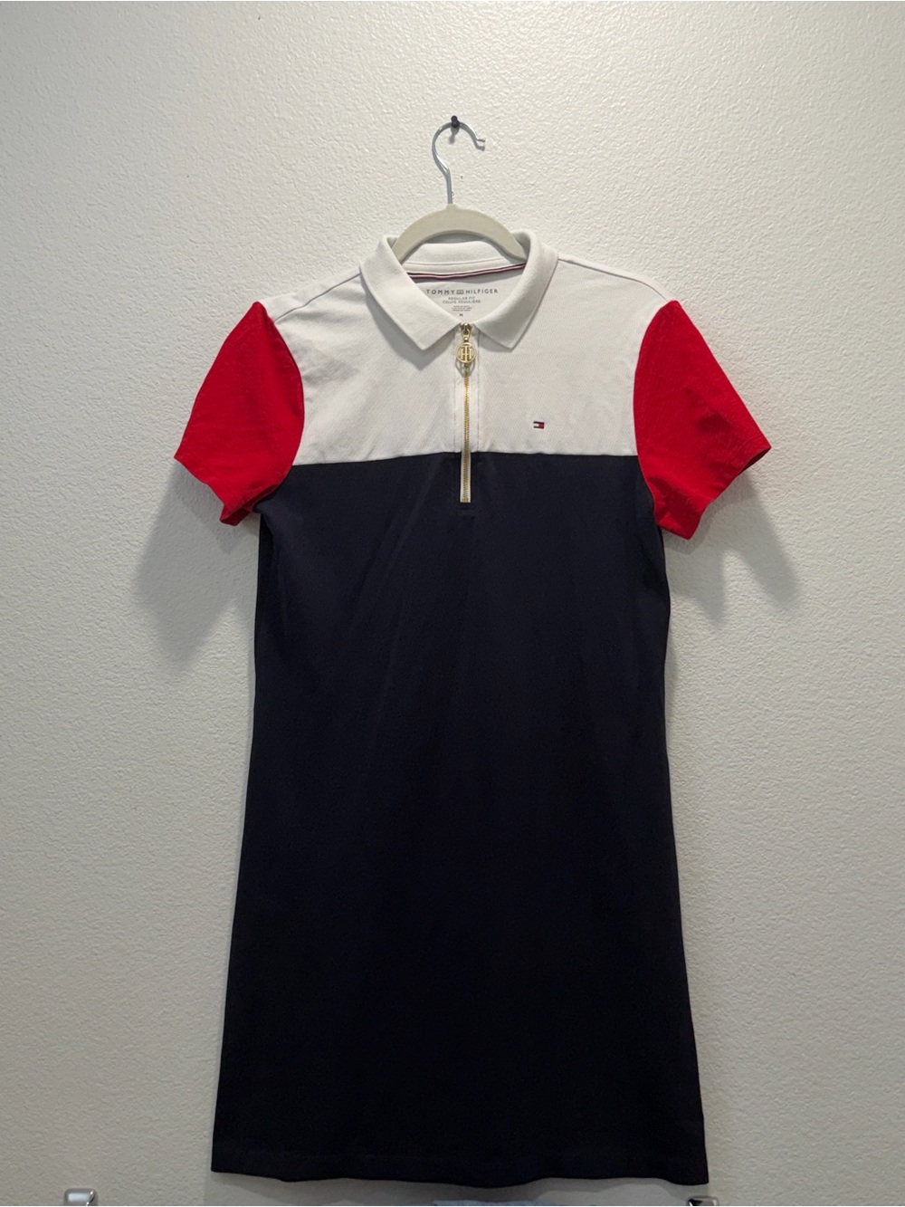 Tommy Hilfiger Sport Polo Dress Women's Size M Navy Red White Colorblock Zip